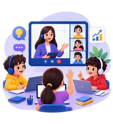 Illustration of students learning together in a group video call