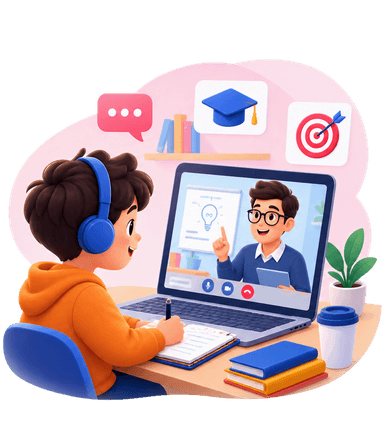 Illustration of a student in a one-on-one video call with a mentor